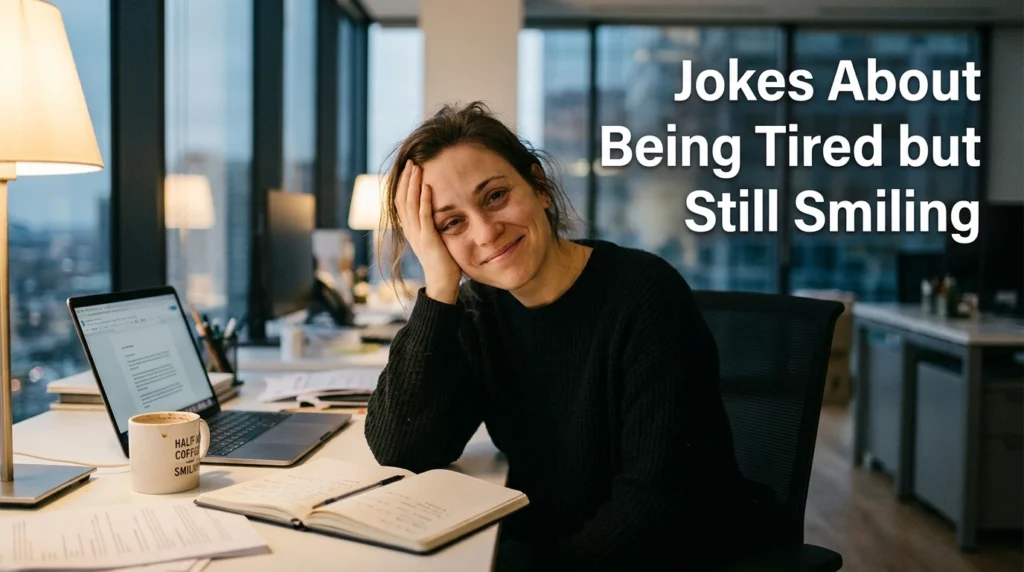jokes about being tired but still smiling