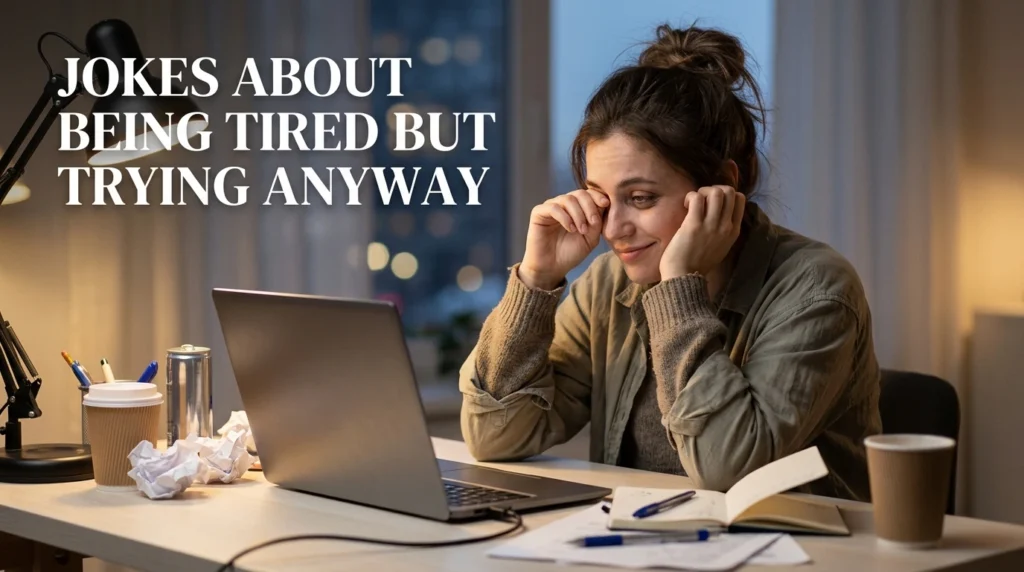 jokes about being tired but trying anyway