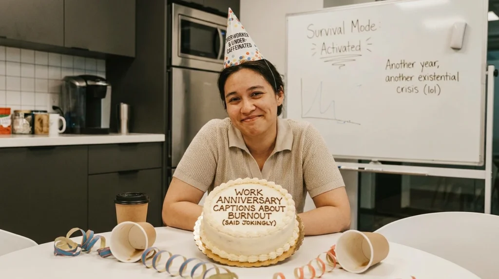 Work Anniversary Captions About Burnout (Said Jokingly)